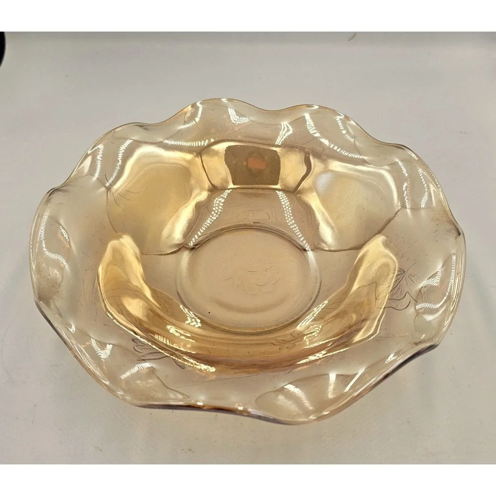 Ruffled Edge Louisa Amber Iridescent Floragold Embossed Depression Glass Dish 9